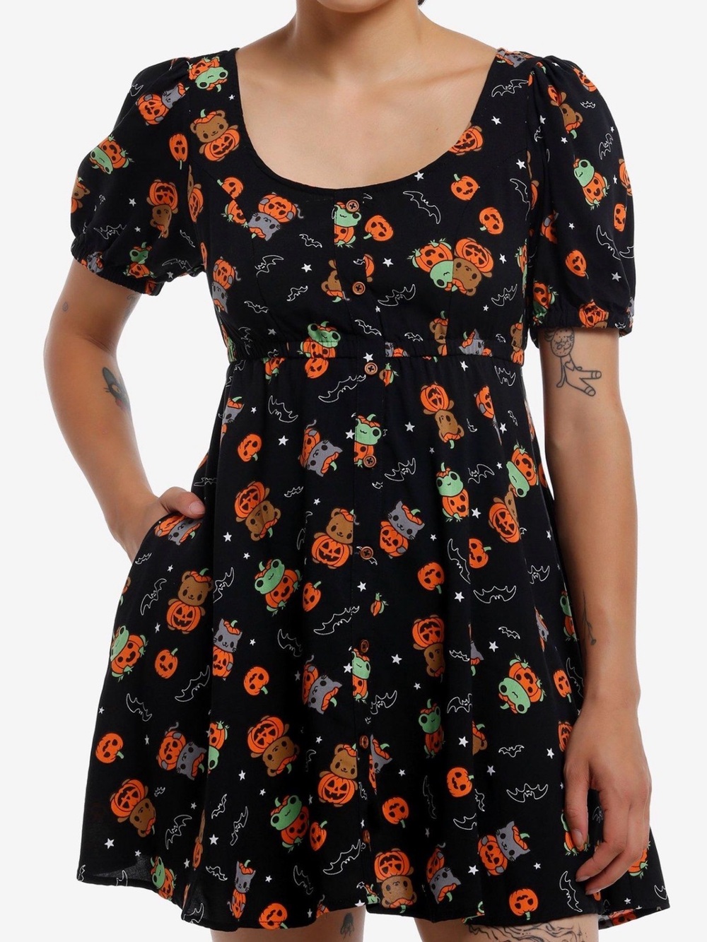 Hot Topic Sweet Society Halloween Pumpkin Print Short Sleeve Dress - Black